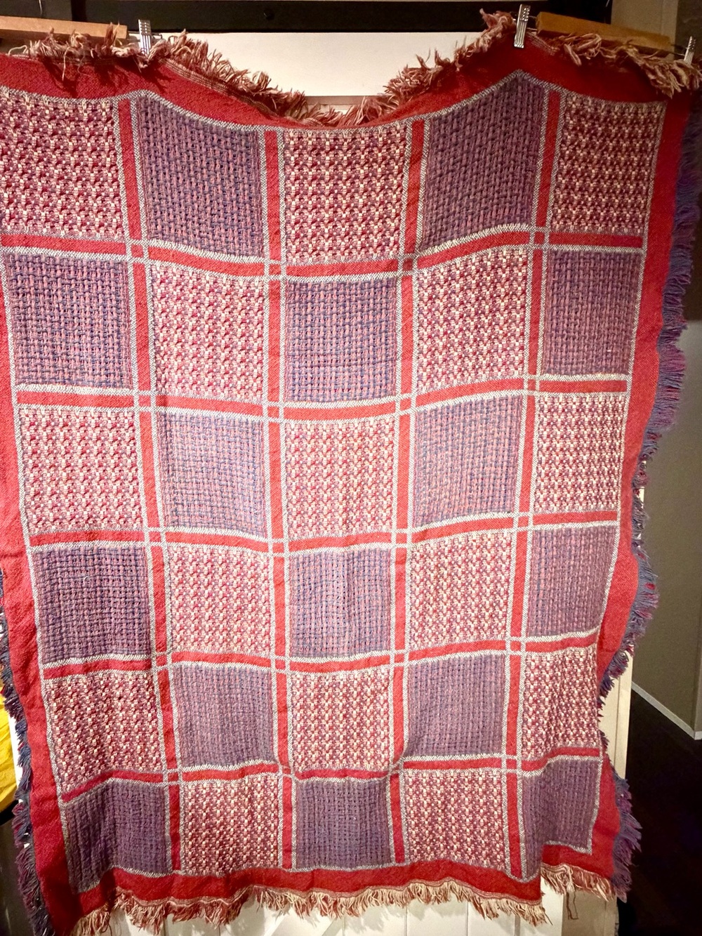 Vintage Woven Plaid Throw Blanket Red Blue Cream Fringe